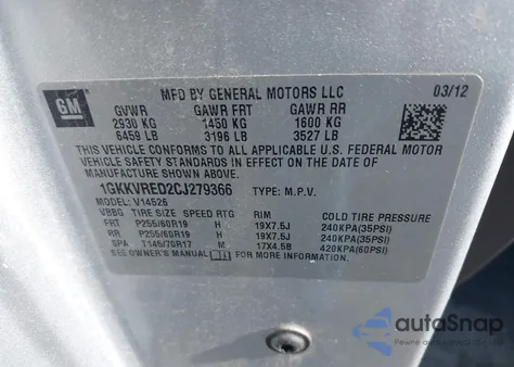 2012 GMC Acadia Slt-1 from USA, damaged, VIN 1GKKVRED2CJ279366